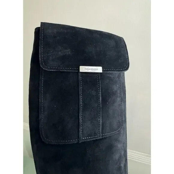 YVES SAINT LAURENT VTG Square Toe Black Suede Knee Boots Block Heels Sz 7.5 YSL - Picture 14 of 16